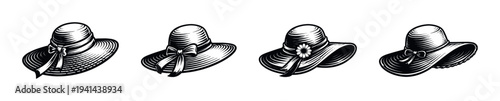 Elegant black and white vintage women's hats silhouette illustration set