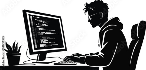 Silhouette of a man in a hoodie coding on a computer