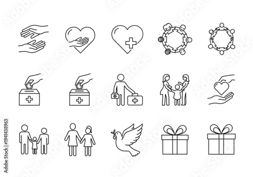 Charity and Helping Hands Line Icons Set – Compassion, Donation and Community Support Outline Vector Collection