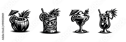 Black and white vector illustrations of tropical cocktails with decorative elements