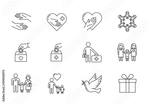 Charity and Helping Hands Line Icons Set – Compassion, Donation and Community Support Outline Vector Collection