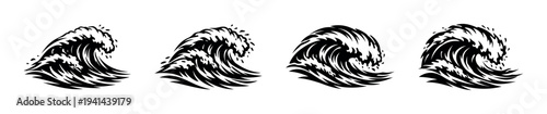 Black and white wave illustrations vector design set with ocean theme