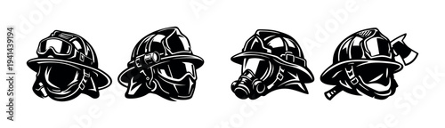Black and white vector silhouettes of firefighter helmets with detailed designs