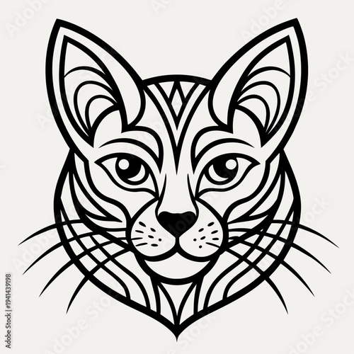 A decorative black and white line art illustration of a cat head using wavy stripes and flowing patterns to define its features on a cream background.