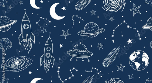 Seamless pattern of white space doodles on a dark blue background with planets, stars, and spaceships.