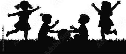 Silhouette of children playing with ball on grass vector