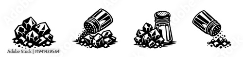 Black and white salt shaker and crystal salt illustration set silhouette clipart