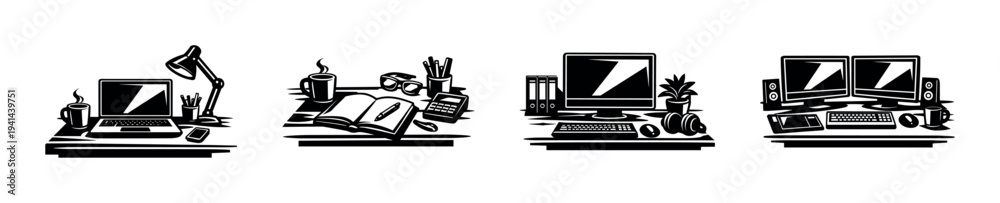 Fototapeta premium Black and white vector silhouette of office and workspace elements set