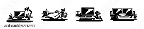 Black and white vector silhouette of office and workspace elements set