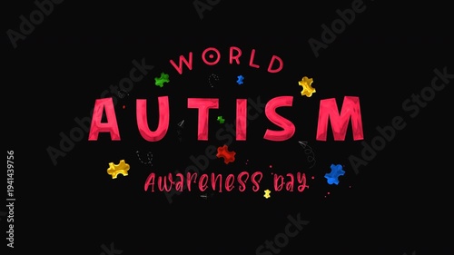 Animated Text World autism awareness day graphic with puzzle pieces on black background. Suitable for autism awareness campaigns and social media posts.