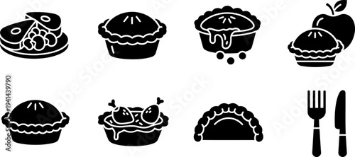 British Pie Week dessert and savory pie icons in solid black vector
