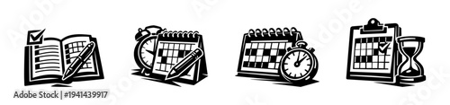 Black and white vector illustrations of calendars and time management tools