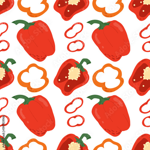 Seamless red pepper pattern with whole bell peppers, halves and ring slices, flat style on white background. For packaging, textile, kitchen prints.