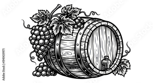 Wooden Wine Barrel with Grapes and Leaves, Black and White Illustration