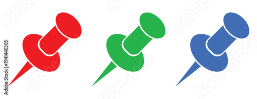 push pin icons, red green and blue office stationery, office supply symbols