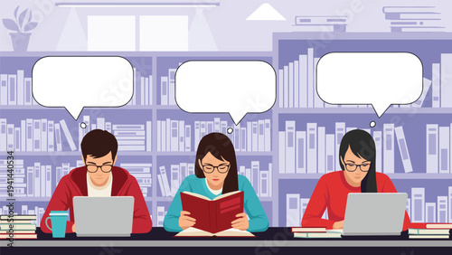 Three diligent people studying in a library, two using laptops and one reading a book, with empty thought bubbles for personalized content or ideas.