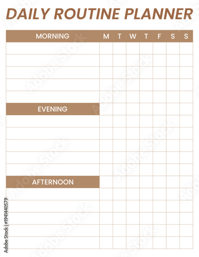 Daily routine planner layout, morning evening and afternoon sections, grid table design