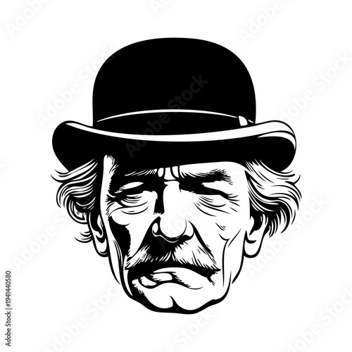 Logo moda de caballero. Dibujo de un hombre anciano con bigote y sombrero bombín