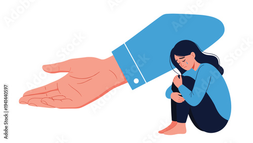 Large compassionate hand reaching out to a crying, sad woman hugging her knees, symbolizing vital support, help, and empathy for emotional distress or mental health.