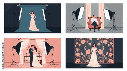 Four illustrations depicting models posing in photo studios with lighting equipment, including a wedding couple, showcasing professional photography and diverse shoots.