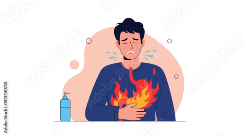 Man experiencing intense heartburn or acid reflux, with vivid flames emanating from his chest and throat, symbolizing severe discomfort and digestive issues.