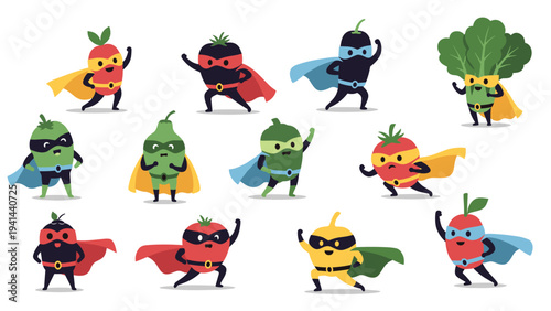 Diverse collection of fruits and vegetables dressed as vibrant superheroes with capes and masks, symbolizing healthy eating, nutrition, and vital power.