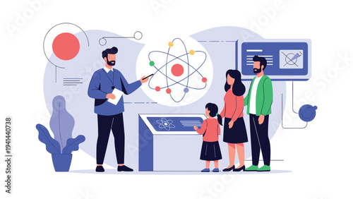 Man explaining an atom model to a family (parents and child) in a science museum or exhibition, fostering curiosity and scientific learning for all ages.