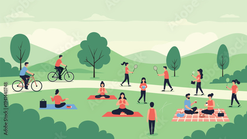 Many people engaged in diverse outdoor activities like yoga, cycling, badminton, and picnicking in a large, vibrant green park, promoting healthy lifestyles and community.