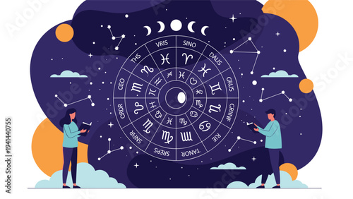 Two individuals exploring a large illuminated zodiac wheel with astrological symbols and constellations in a mystical night sky.