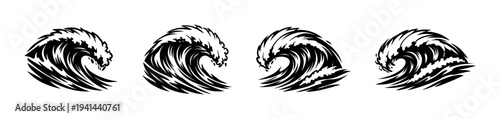 Set of four black and white ocean wave silhouettes vector illustration