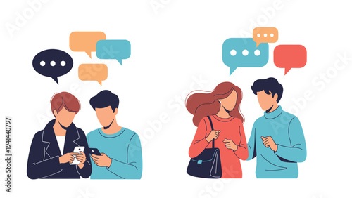 Diverse groups of people engaged in communication, one pair using smartphones for digital conversation and another speaking face-to-face.