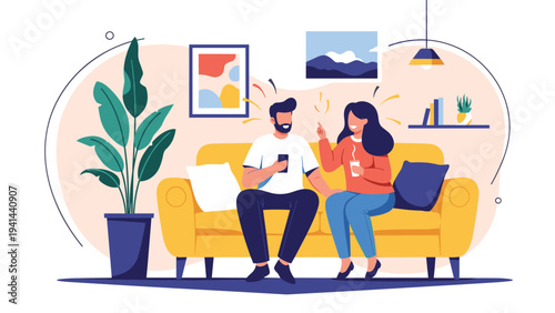 Happy couple relaxing on a yellow sofa in their living room, man using phone while woman talks animatedly.