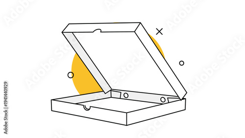 Empty, open pizza box with a yellow circle and abstract shapes in the background, presented in a clean line art style.