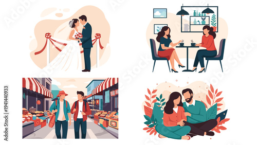 Diverse relationship scenes showcasing a wedding couple, cafe friends, market stroll, and romantic outdoor relaxation.
