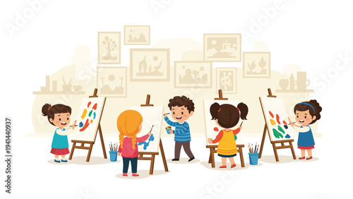 Happy diverse children enthusiastically painting on easels in an art studio, fostering creativity and artistic expression.