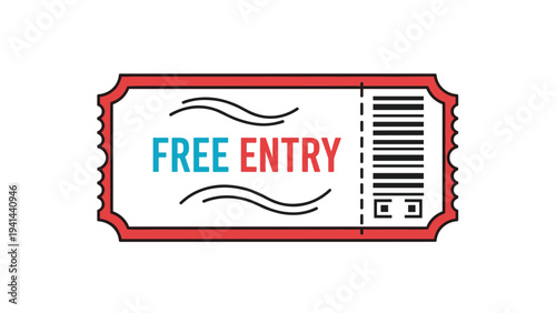 Stylized ticket with "FREE ENTRY" clearly printed in blue and red, featuring a barcode for complimentary admission.