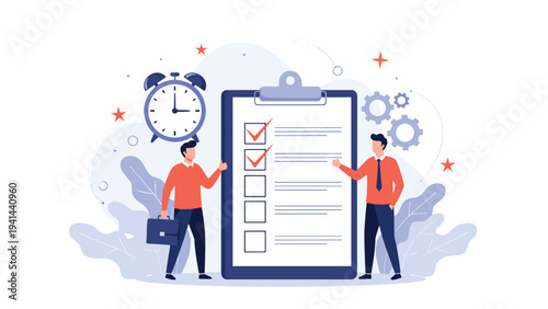 Businessmen reviewing a large checklist for project management, symbolizing task completion, time efficiency, and operational success.