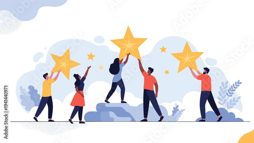 Diverse group of people celebrating success, raising and holding large golden stars, symbolizing achievement and excellence.