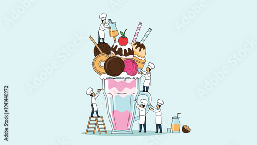 Tiny chef characters meticulously preparing and decorating a giant, elaborate milkshake, featuring various sweet toppings.