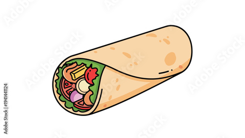 Delicious cartoon-style burrito or wrap, generously filled with fresh vegetables and flavorful ingredients in a simple illustration.