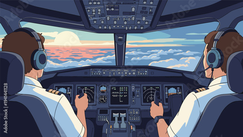 Two pilots operating an aircraft in a detailed cockpit during a serene sunset, overlooking a sky full of clouds in pixel art.