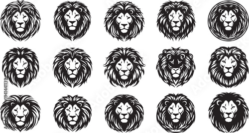 Set of lion faces in different expressions and styles