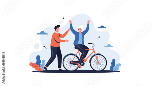 Kind man assisting an elderly woman in learning to ride a bicycle, celebrating her triumph and promoting active aging.
