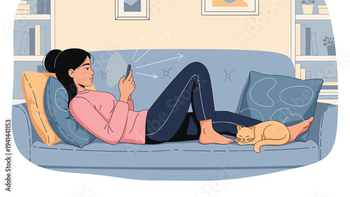 Woman relaxing comfortably on a sofa, engrossed in her smartphone, with a peacefully sleeping cat nearby in a cozy living room.