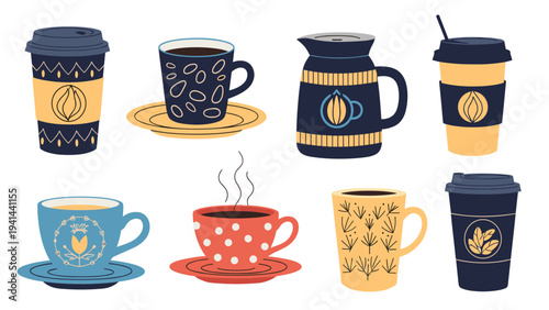 Diverse collection of eight charming coffee cups and mugs, showcasing an array of unique patterns, colors, and designs.
