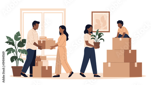Families moving into a new home, carrying boxes and plants, symbolizing relocation, new beginnings, and home ownership.