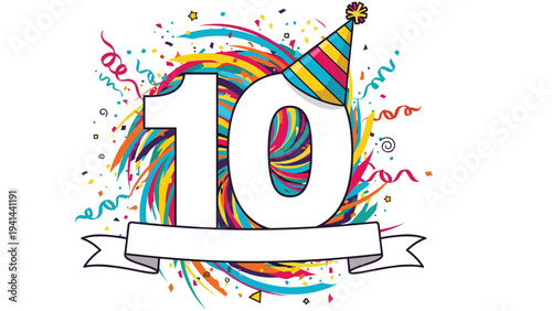 Festive number 10 surrounded by colorful confetti, streamers, and a party hat, perfect for a 10-year celebration or anniversary.