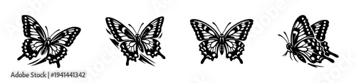 Black and white butterfly illustrations set silhouette vector collection