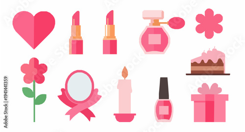 Pink romantic vector icon set with cute feminine beauty and love elements isolated on white