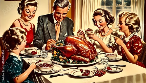 1950s family, Thanksgiving dinner.
